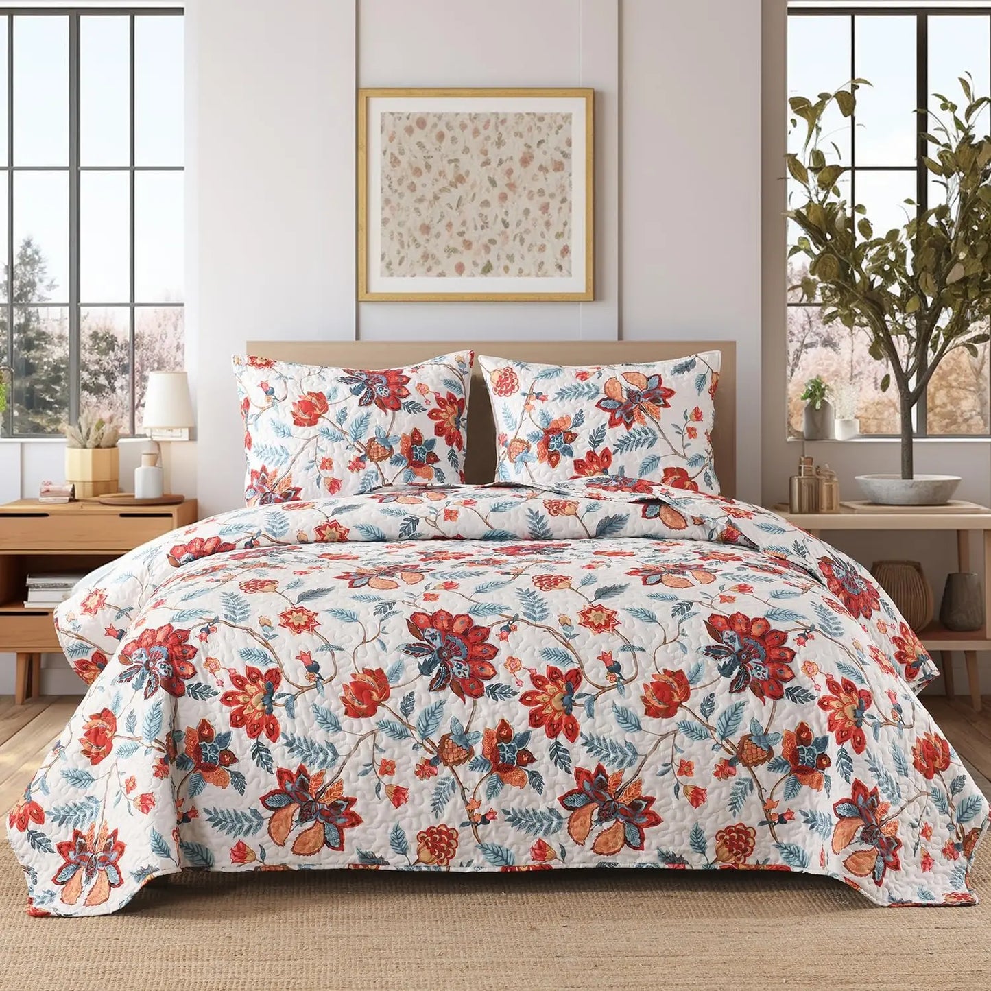 Boho Style Quilt Set Reversible Bohemian Floral Strip Quilt Beddding Set, Soft and Lightweight Bedspread