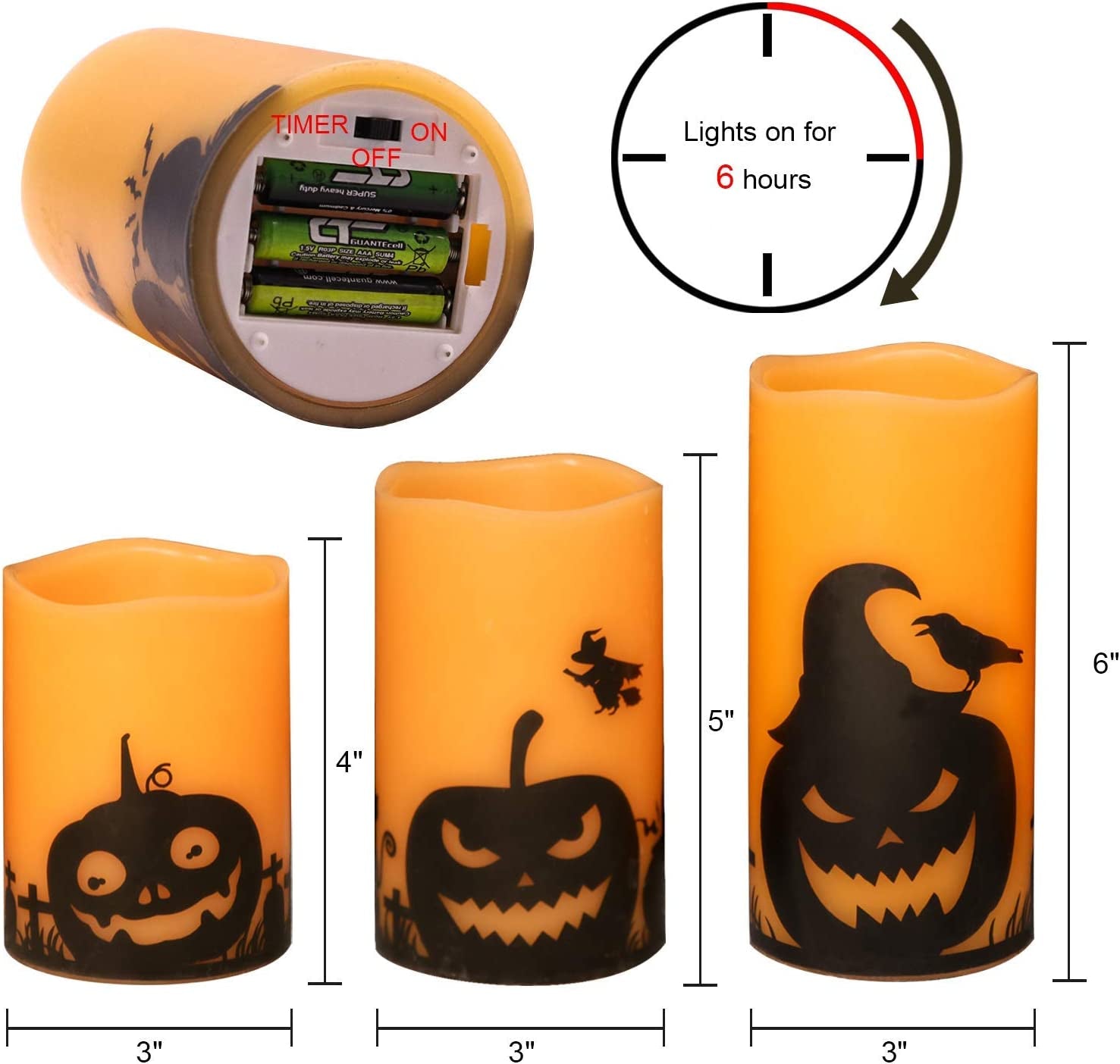 Halloween Flameless Candles, LED Flickering Battery Pillar Candles with 6H Timer and Pumpkin Decals, Spooky Fall Halloween Festival Party Decoration Set of 3 (D 3” X H 4” 5” 6”)