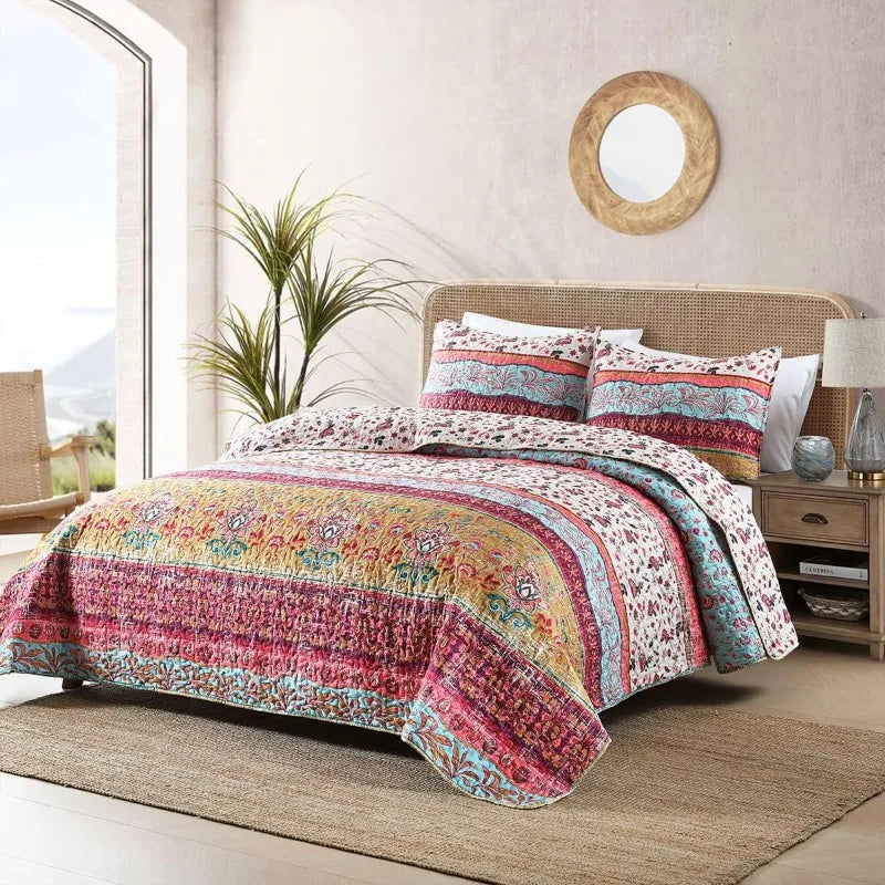 Boho Style Quilt Set Reversible Bohemian Floral Strip Quilt Beddding Set, Soft and Lightweight Bedspread