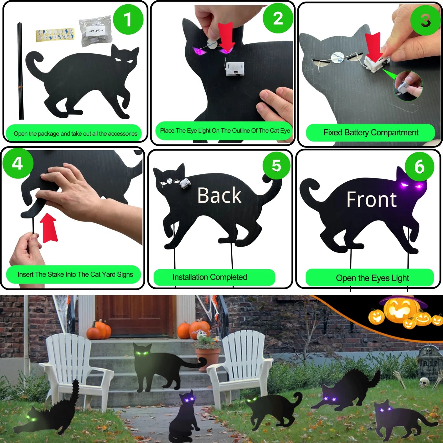 Halloween Decorations 6 Pack LED Glowing Eyes Black Cat Glow in Dark with Lights Outdoor outside Halloween Scary Yard Signs Garden Decor Lawn for Pathway Stake Waterproof Thickened Cat Silhouette