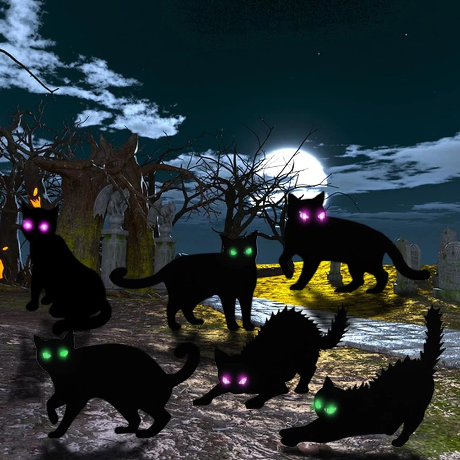 Halloween Decorations 6 Pack LED Glowing Eyes Black Cat Glow in Dark with Lights Outdoor outside Halloween Scary Yard Signs Garden Decor Lawn for Pathway Stake Waterproof Thickened Cat Silhouette