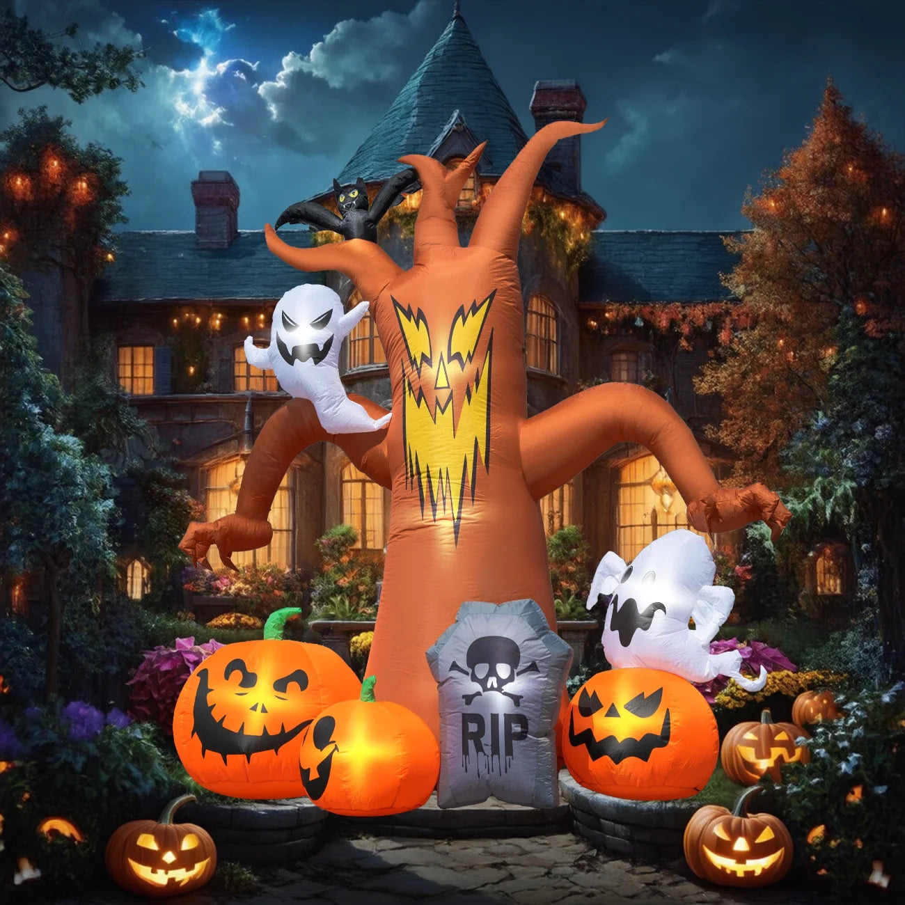 8Ft Halloween Inflatables Decorations Inflatable Dead Tree Outdoor Decorations with LED Lights Built-In Blow up Yard Decoration Pumpkin Ghost for Halloween Outdoor