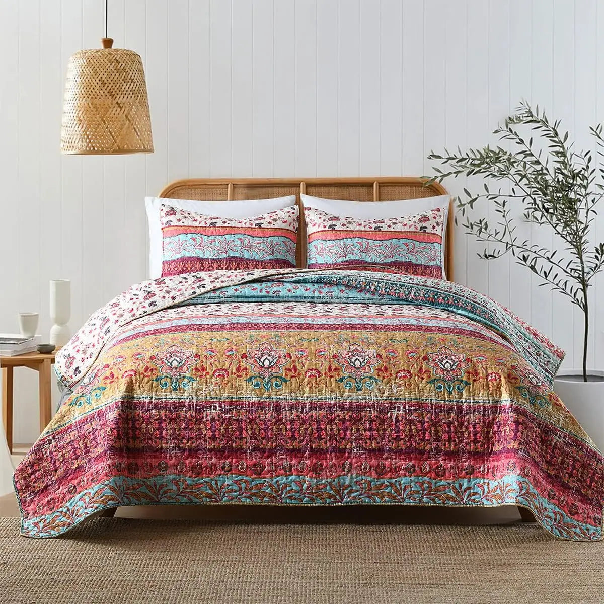 Boho Style Quilt Set Reversible Bohemian Floral Strip Quilt Beddding Set, Soft and Lightweight Bedspread