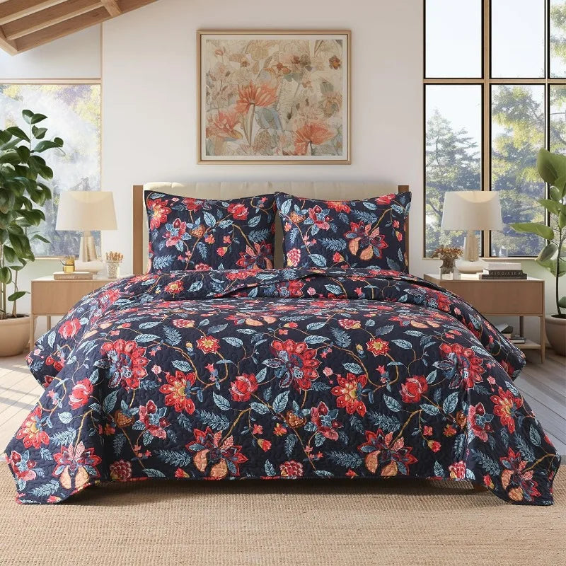 Boho Style Quilt Set Reversible Bohemian Floral Strip Quilt Beddding Set, Soft and Lightweight Bedspread