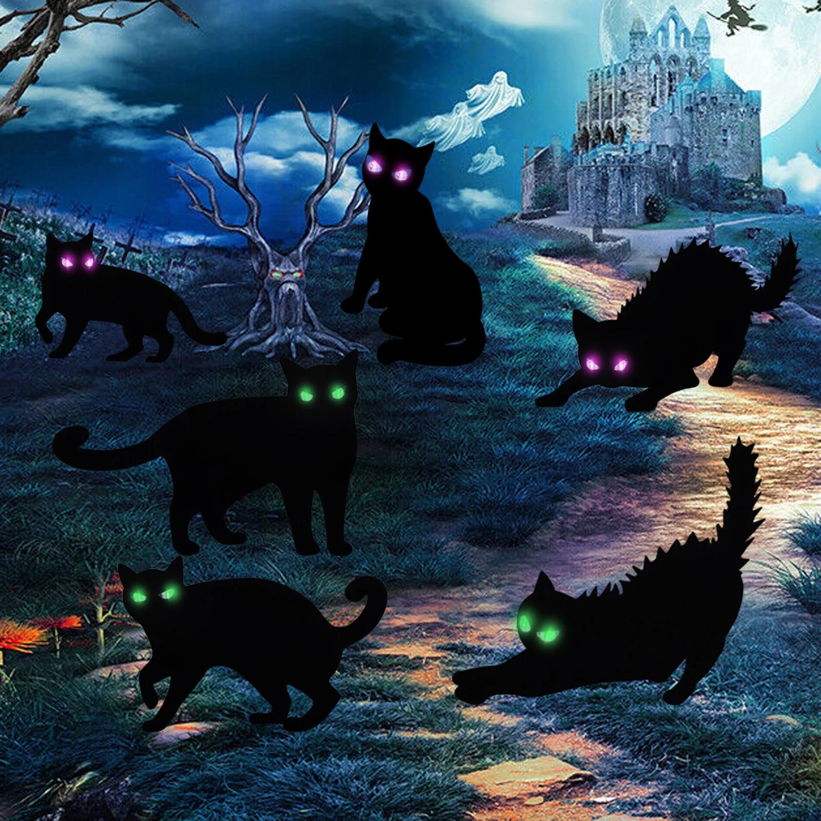 Halloween Decorations 6 Pack LED Glowing Eyes Black Cat Glow in Dark with Lights Outdoor outside Halloween Scary Yard Signs Garden Decor Lawn for Pathway Stake Waterproof Thickened Cat Silhouette