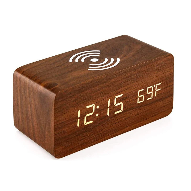 Wooden Digital Alarm Clock with Wireless Charging, LED Clock with Time, Date,Temperature, Desk Clocks for Office,Bedside Clock